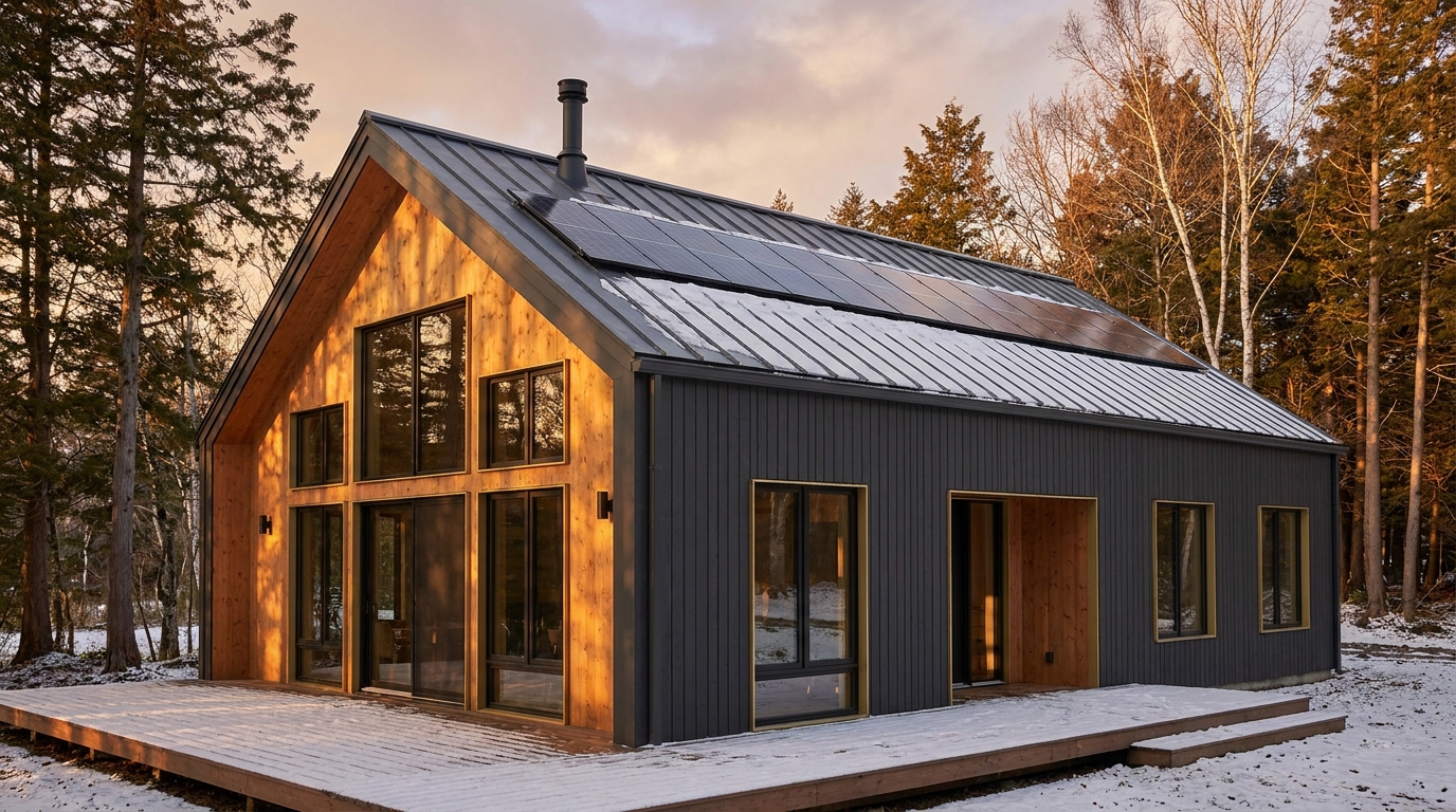 雪の小屋 外観 — AI render based on BIM specs