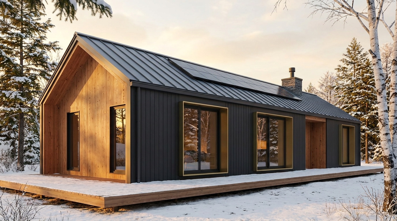 陽の小屋 外観 — AI render based on BIM specs