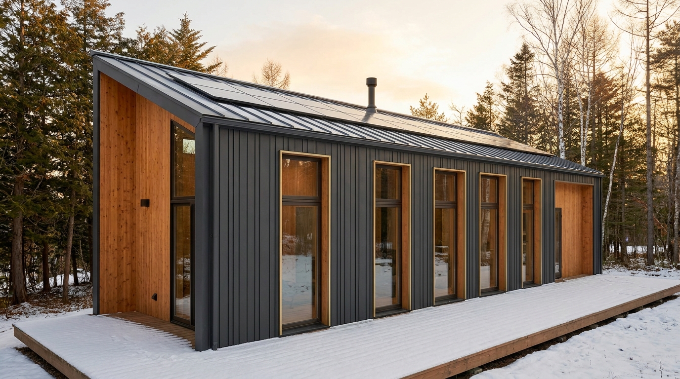 雪の小屋 外観 — AI render based on BIM specs