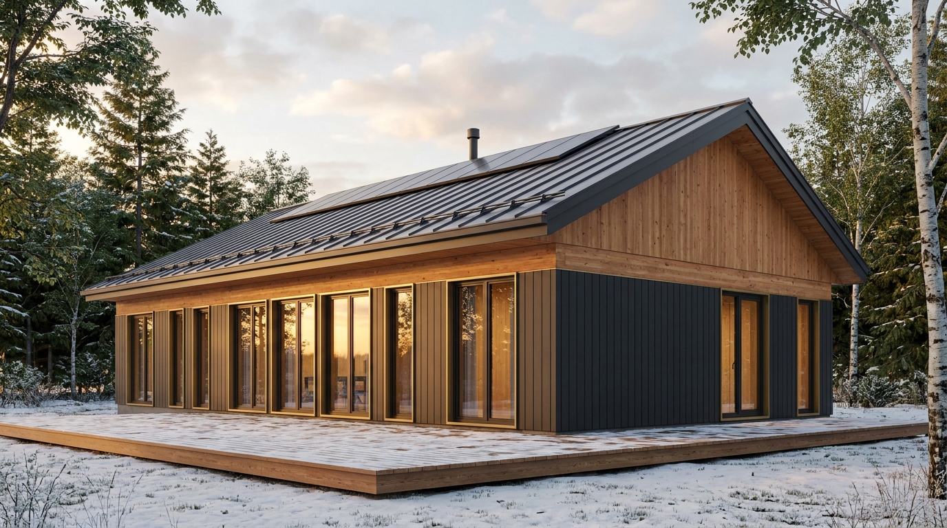 雪の小屋 外観 — AI render based on BIM specs