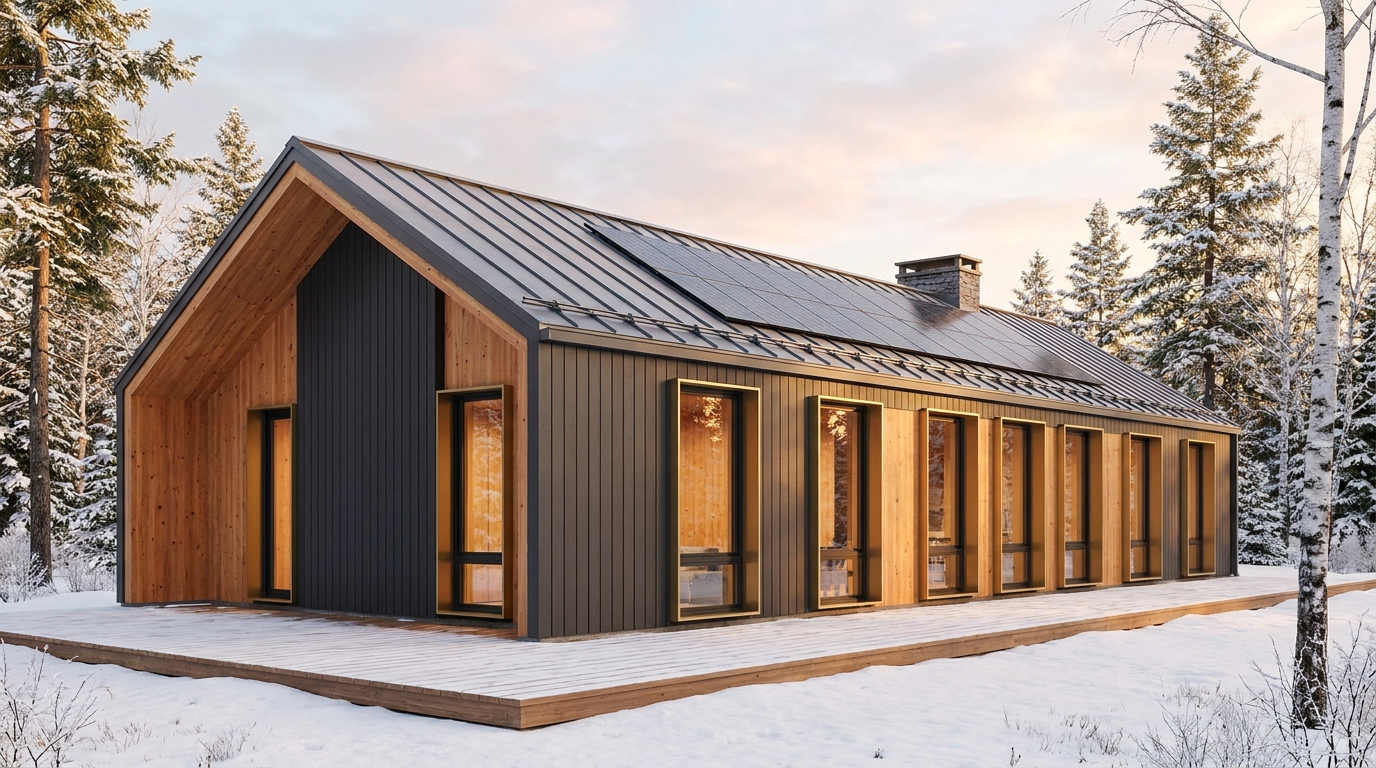 湖の小屋 外観 — AI render based on BIM specs