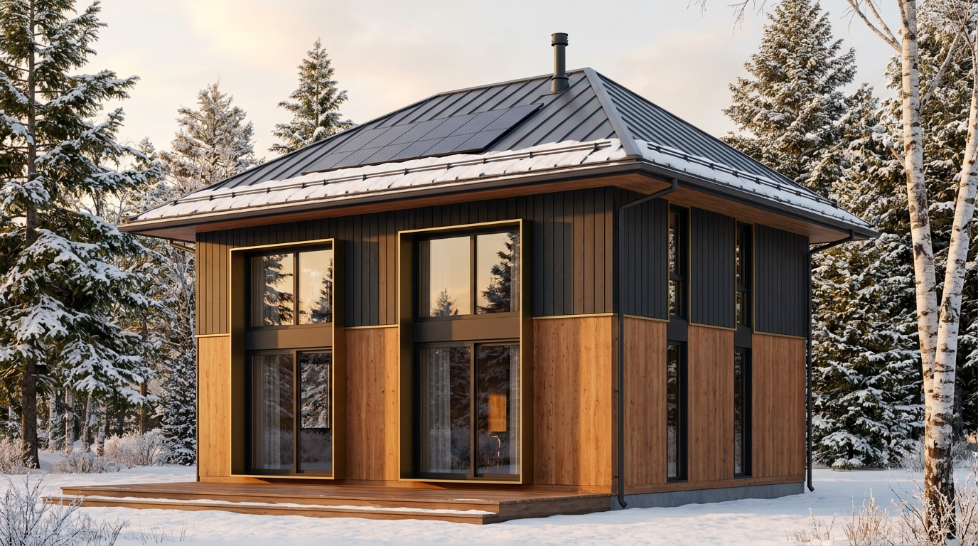 霜の庵 外観 — AI render based on BIM specs