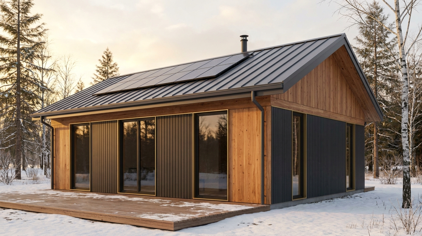 霜の小屋 外観 — AI render based on BIM specs