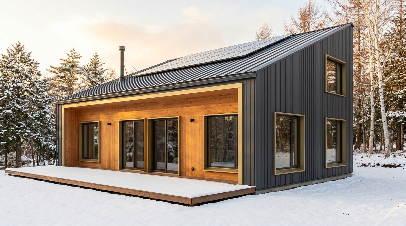 霧の小屋 外観 — AI render based on BIM specs