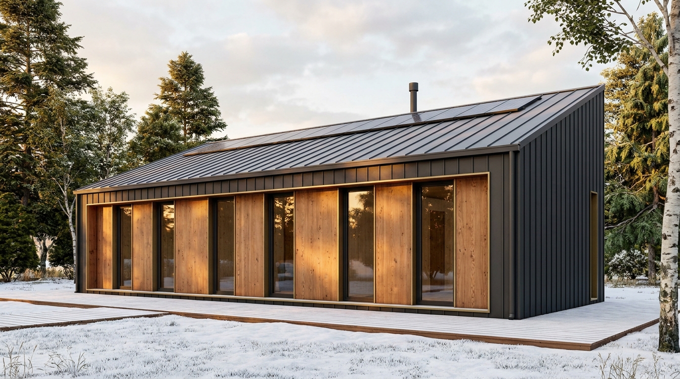 雪の小屋 外観 — AI render based on BIM specs