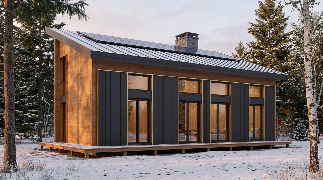 雪の小屋 外観 — AI render based on BIM specs