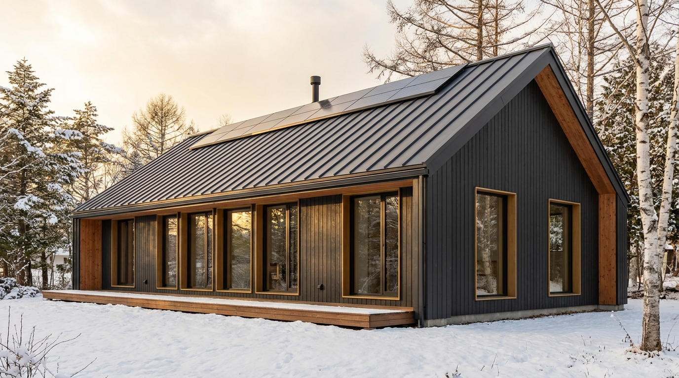 雪の庵 外観 — AI render based on BIM specs