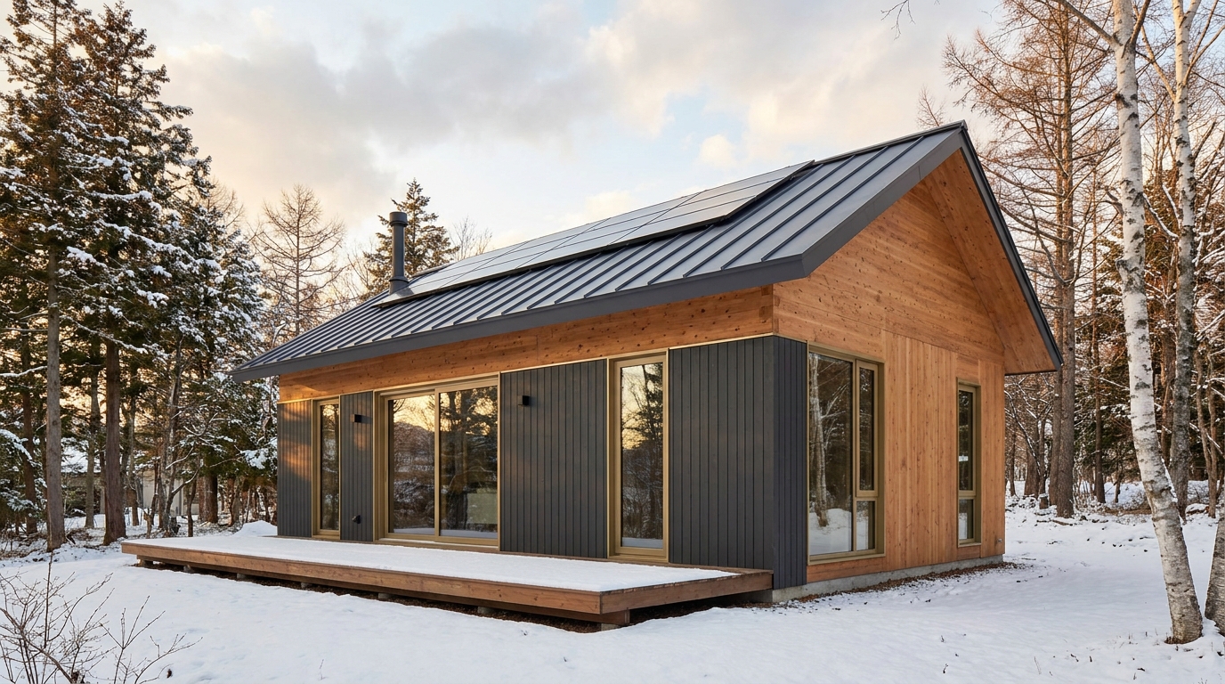 雪の庵 外観 — AI render based on BIM specs