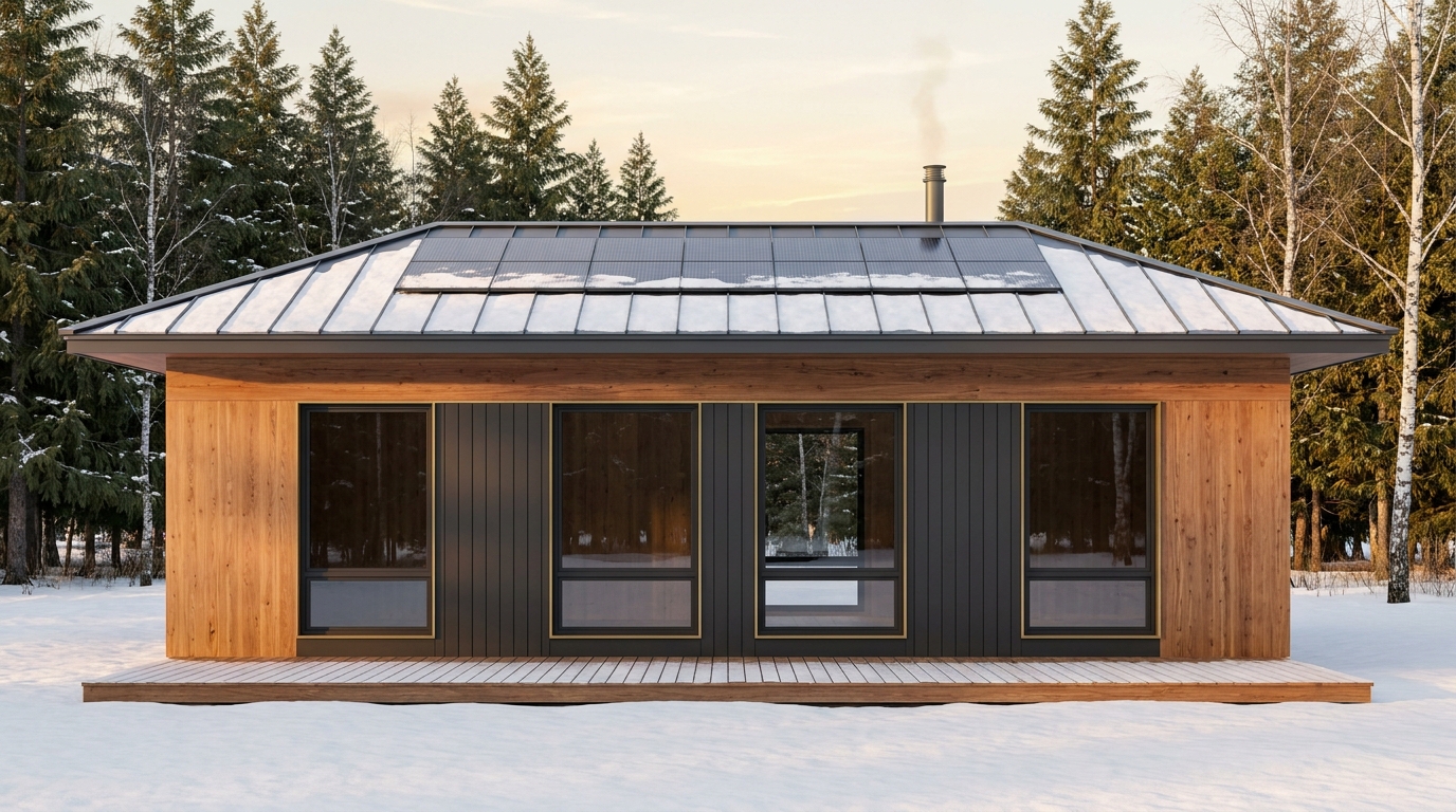 湖の小屋 外観 — AI render based on BIM specs