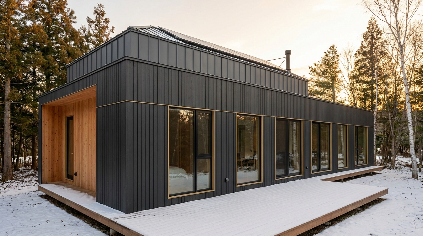 霜の小屋 外観 — AI render based on BIM specs