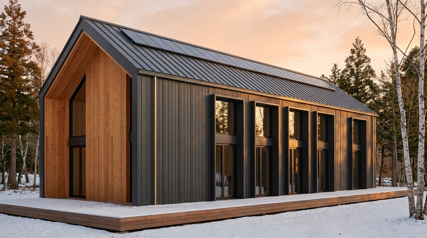 霜の小屋 外観 — AI render based on BIM specs