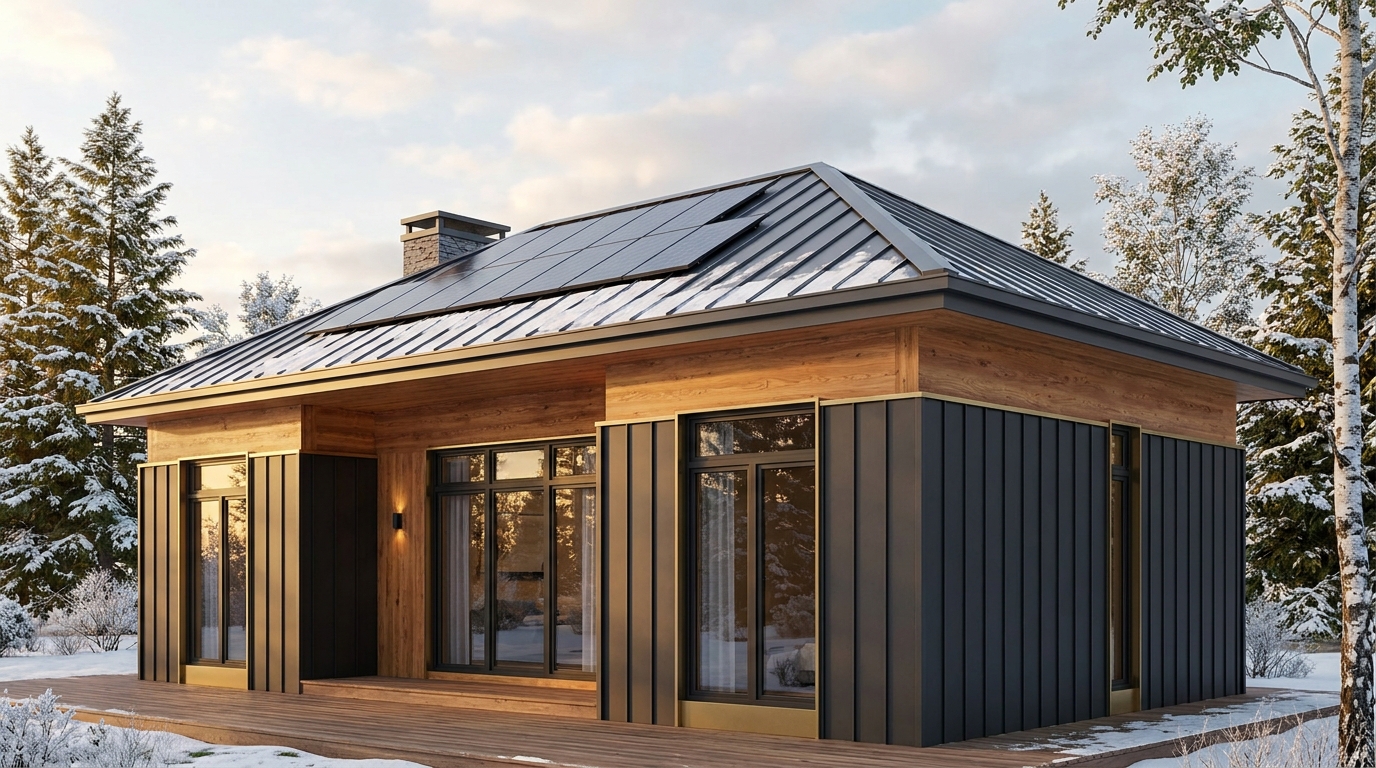 雪の庵 外観 — AI render based on BIM specs