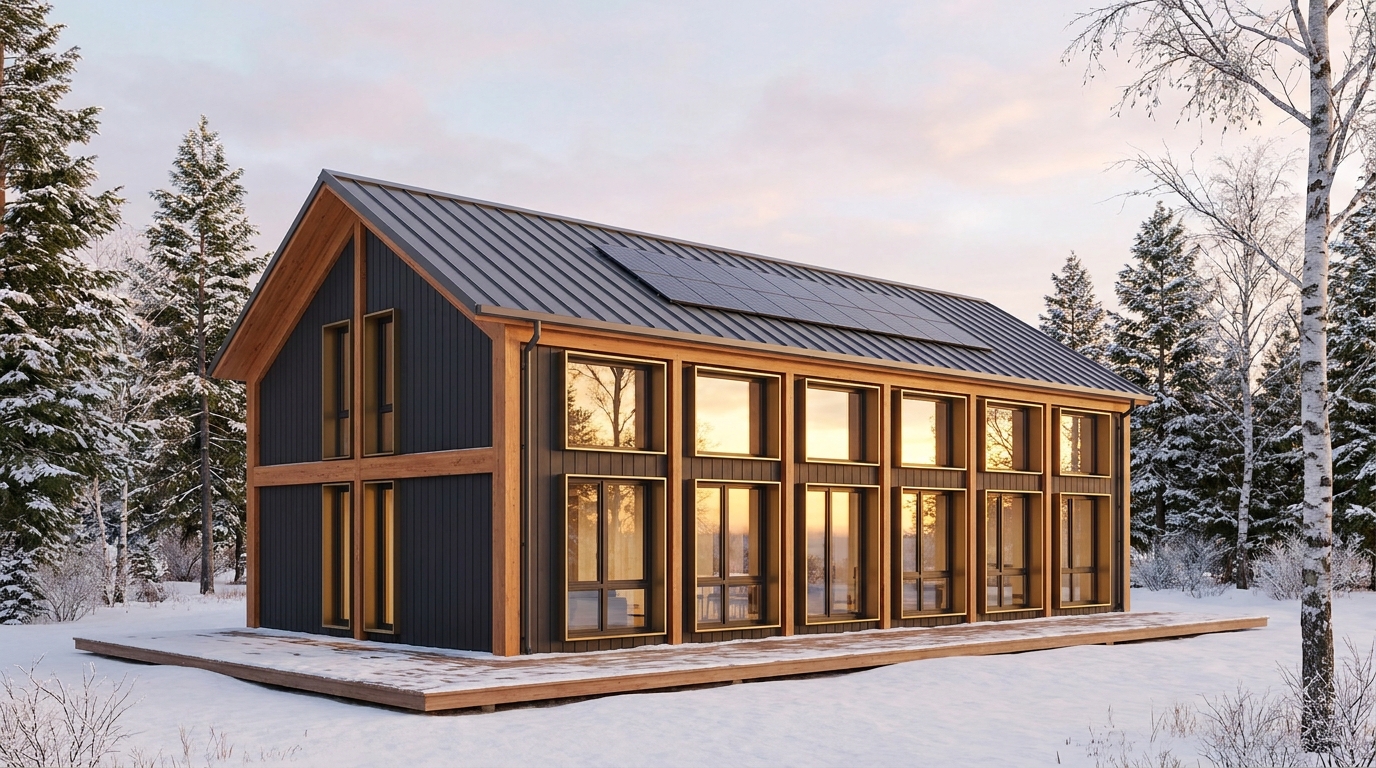 湖の小屋 外観 — AI render based on BIM specs