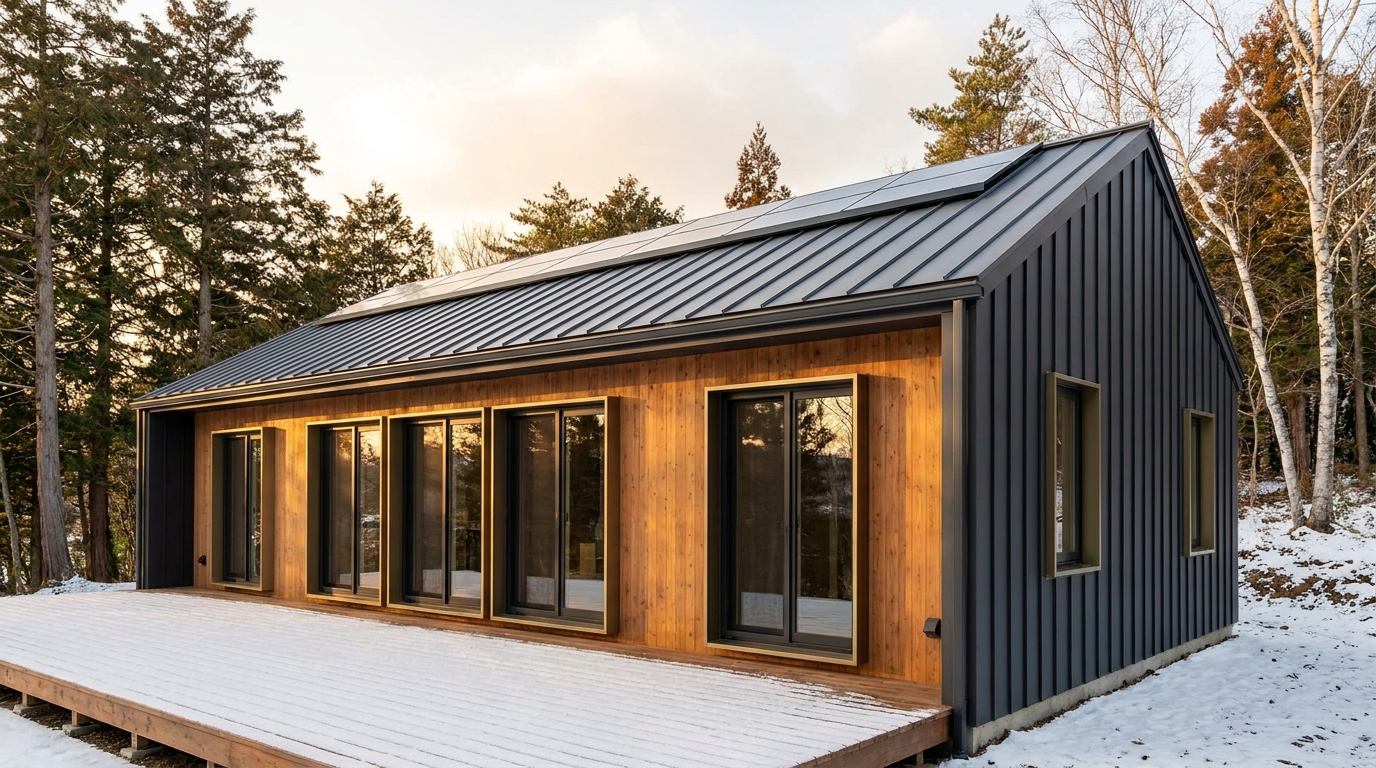 霧の小屋 外観 — AI render based on BIM specs