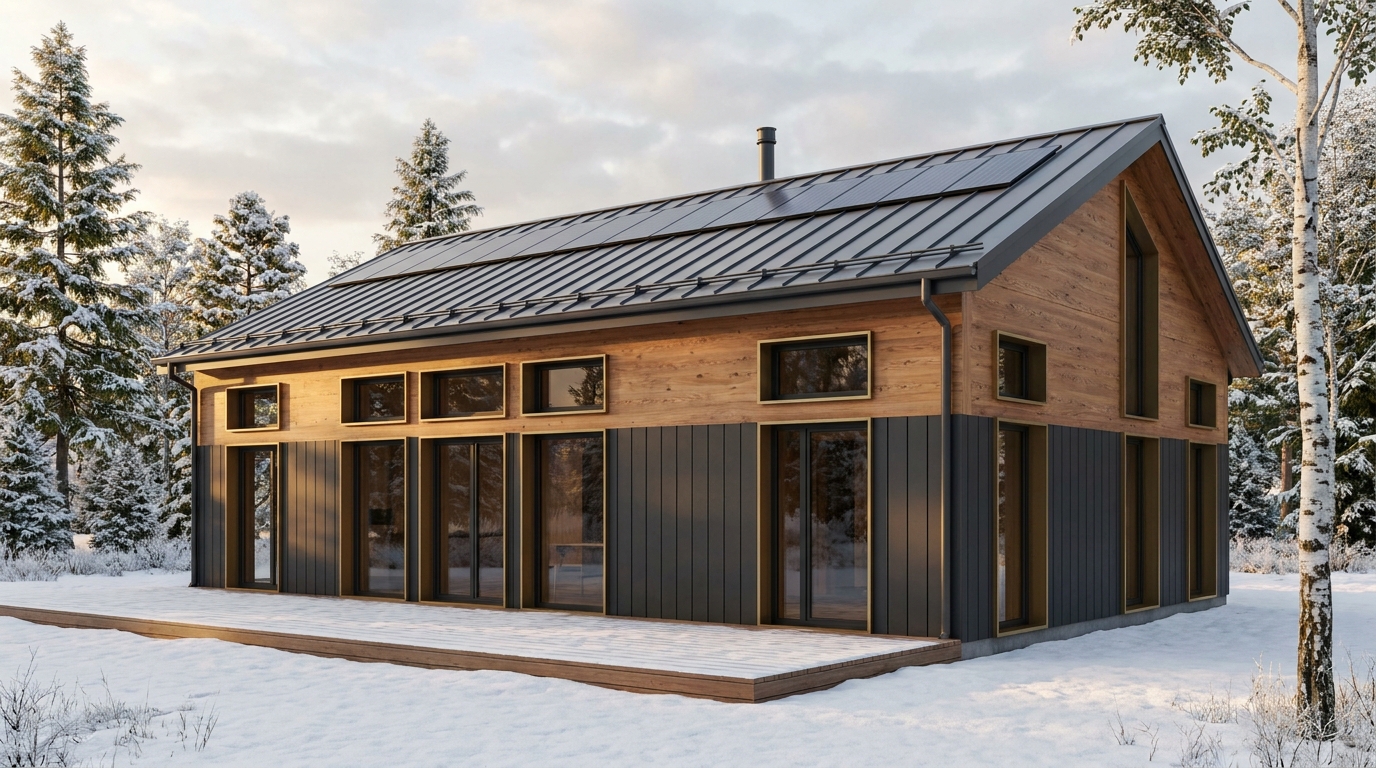 湖の小屋 外観 — AI render based on BIM specs