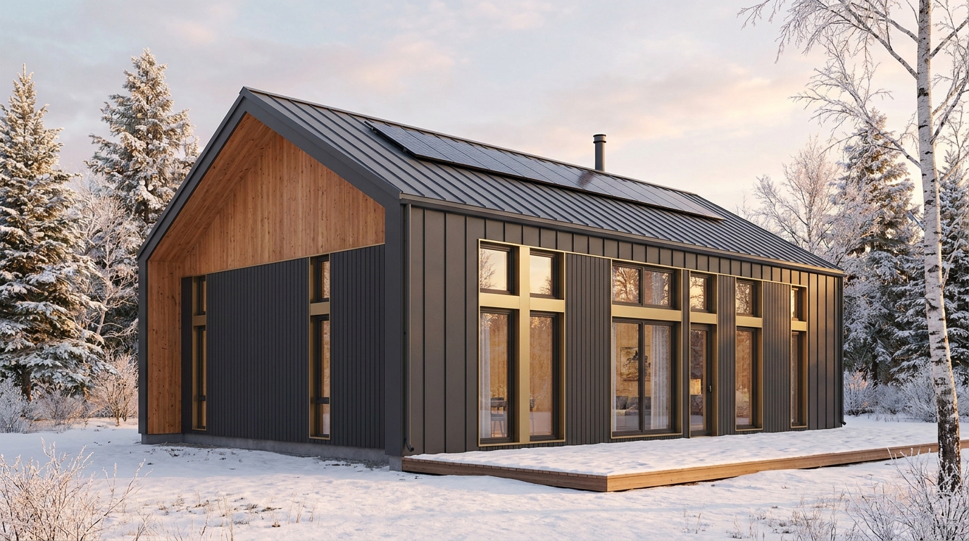 霜の庵 外観 — AI render based on BIM specs