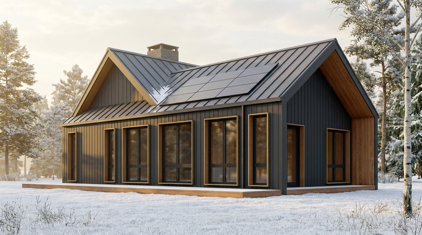 霧の小屋 外観 — AI render based on BIM specs