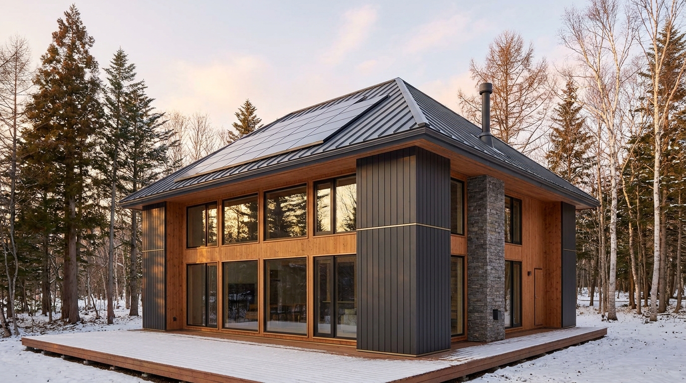 雪の家 外観 — AI render based on BIM specs