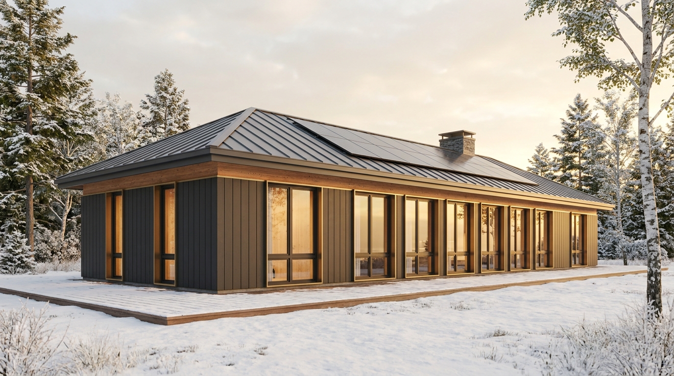 雪の庵 外観 — AI render based on BIM specs