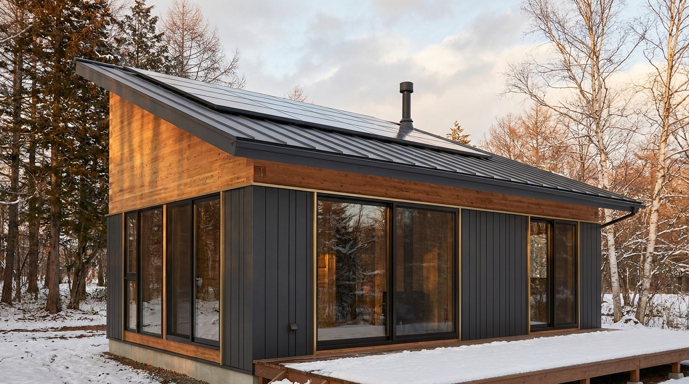 霜の小屋 外観 — AI render based on BIM specs