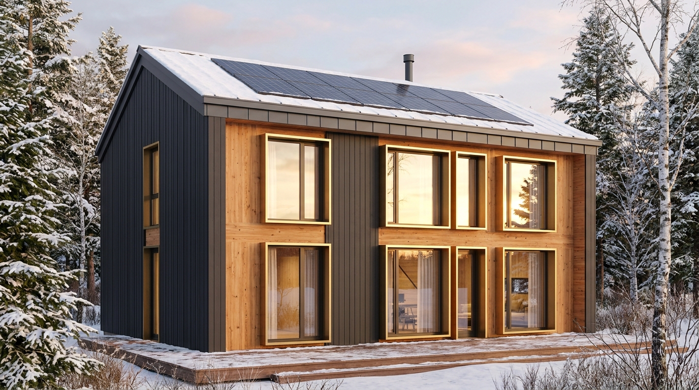 霧の小屋 外観 — AI render based on BIM specs