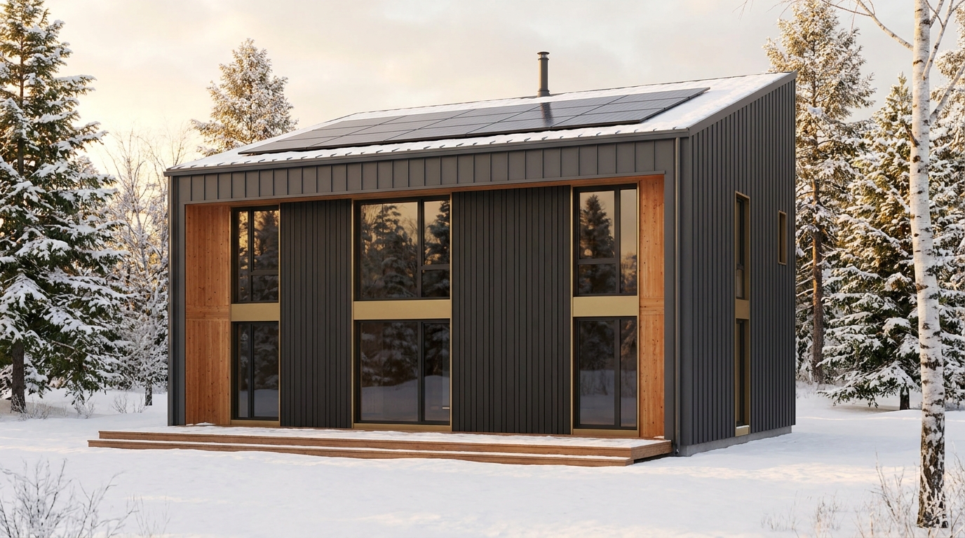 霜の庵 外観 — AI render based on BIM specs