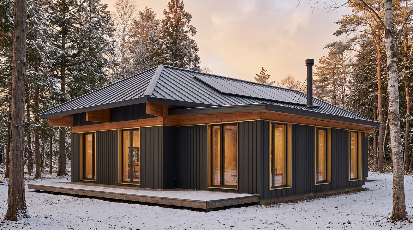 湖の小屋 外観 — AI render based on BIM specs