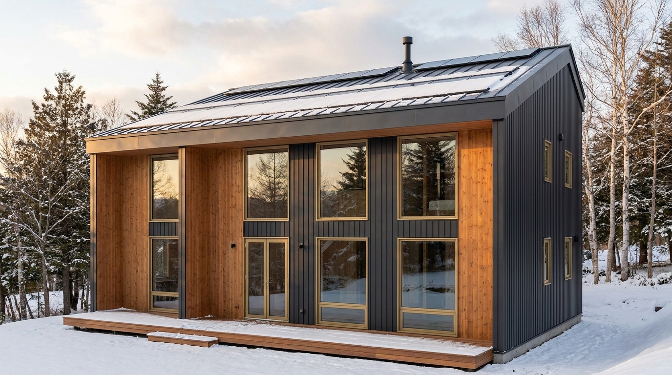 霜の庵 外観 — AI render based on BIM specs