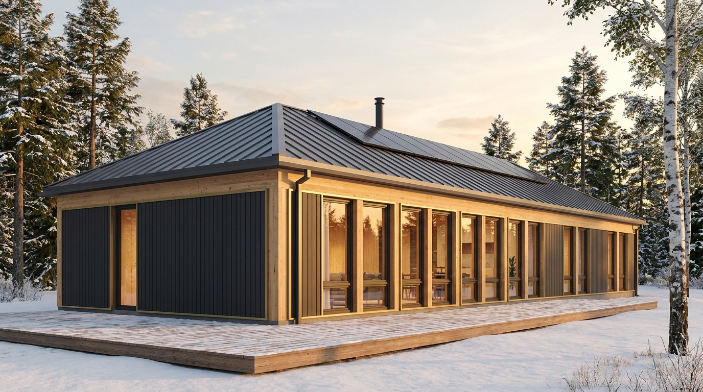 霜の小屋 外観 — AI render based on BIM specs