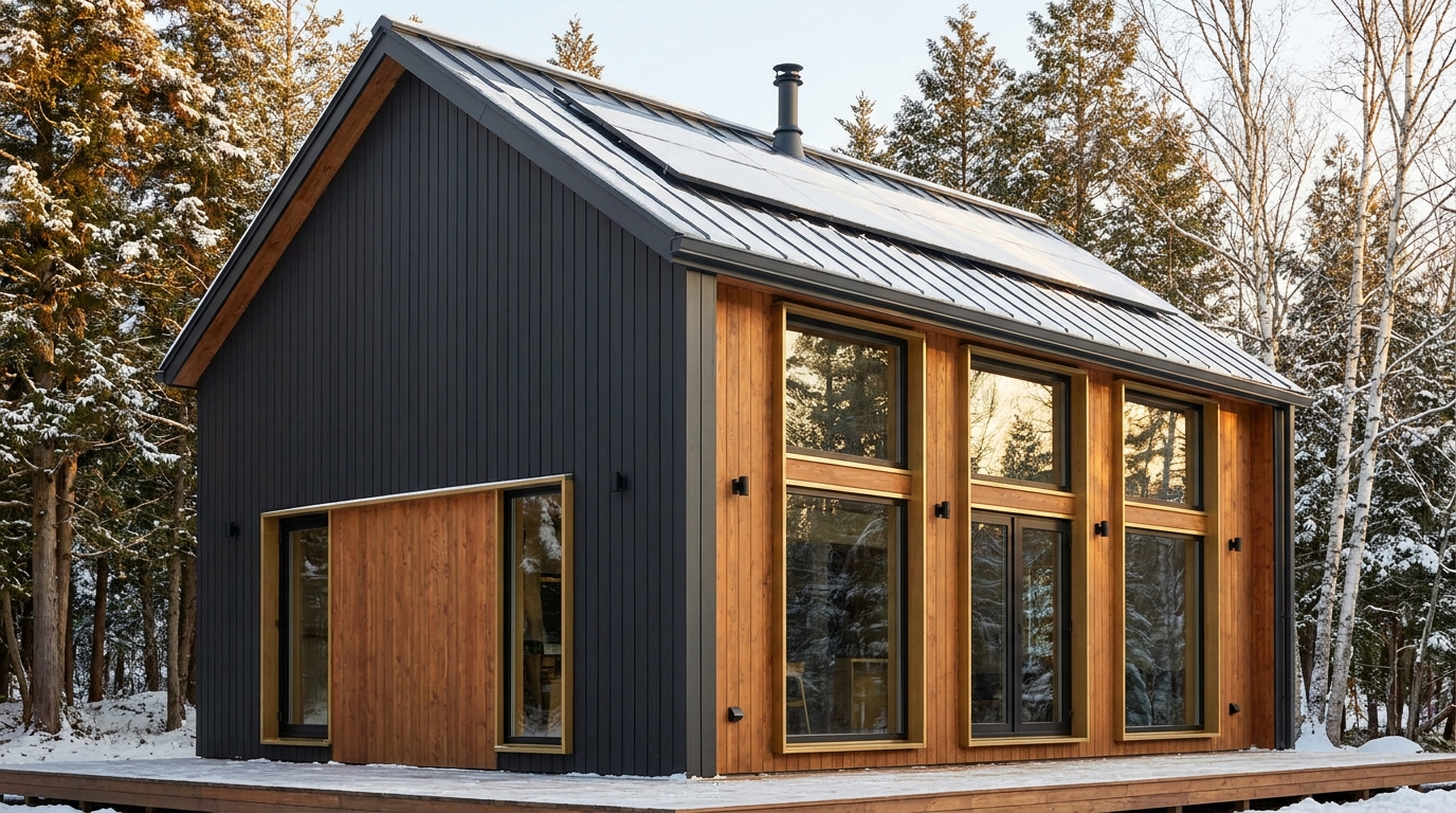 雪の小屋 外観 — AI render based on BIM specs