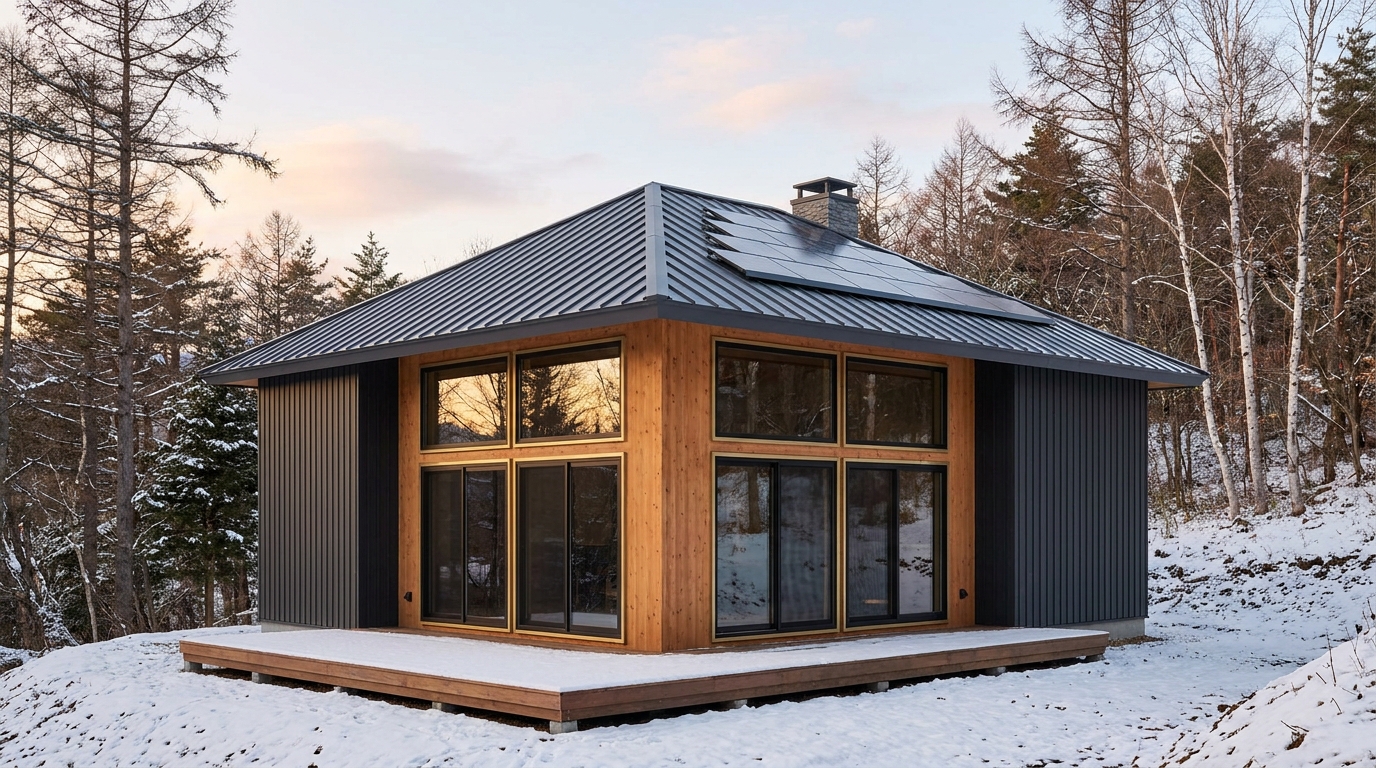 陽の小屋 外観 — AI render based on BIM specs