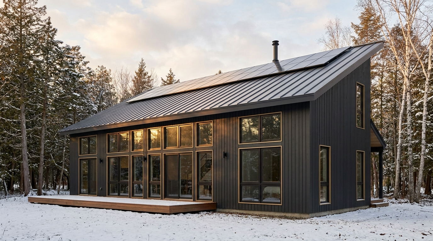 雪の小屋 外観 — AI render based on BIM specs
