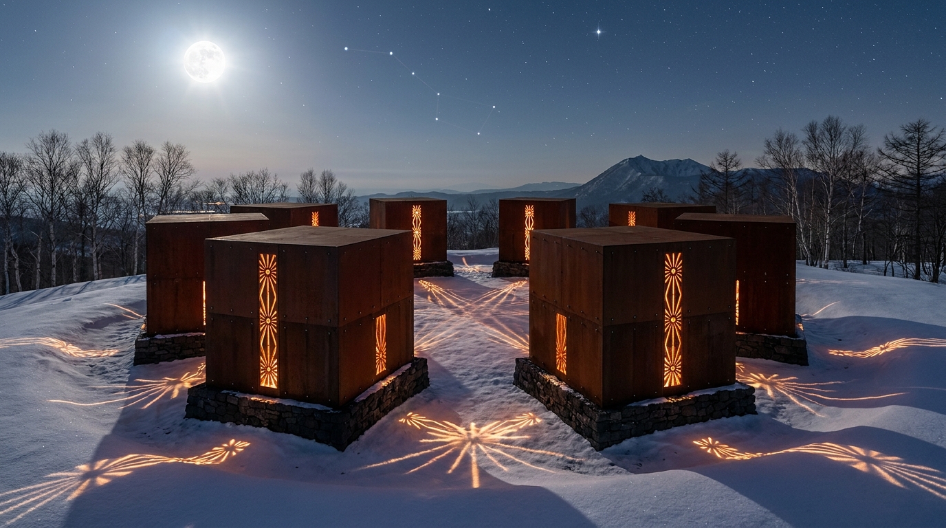 Night view — Hokushin laser-cut apertures projecting onto snow